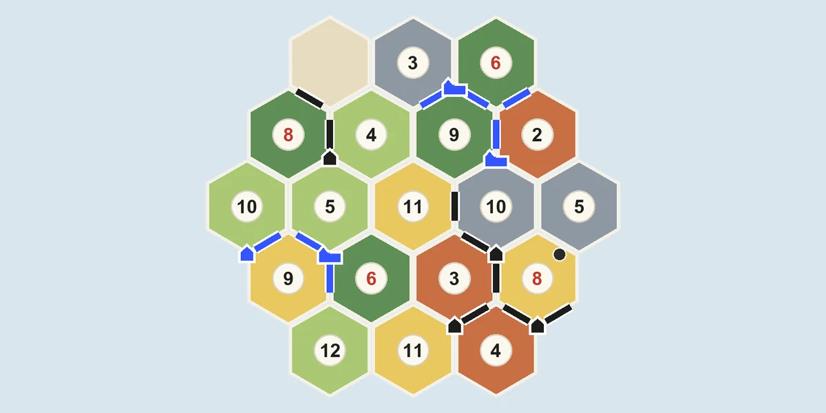 A Catan board mid-game: settlements, cities and roads on the hex tiles
