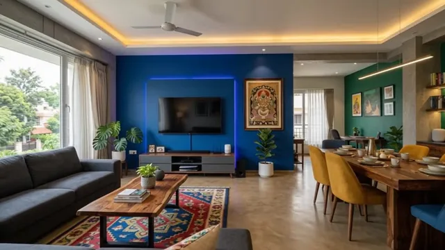 A tour frame from Ghar: an LED-lit living and dining room designed by the AI